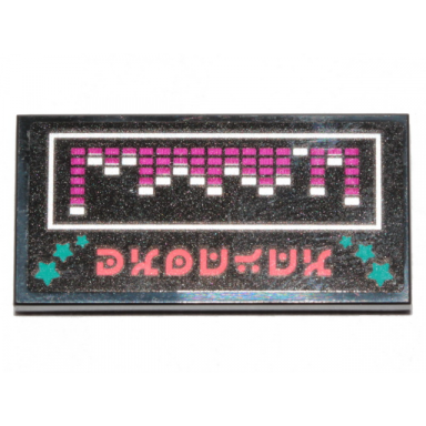 black tile 2 x 4 with magenta and white striped bars dark turquoise stars and coral alien characters pattern sticker - set 70828