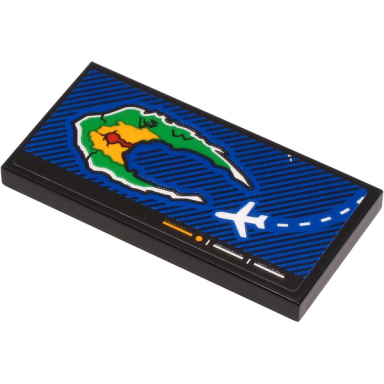 black tile 2 x 4 with screen with green yellow and red island and white airplane pattern sticker - set 60262