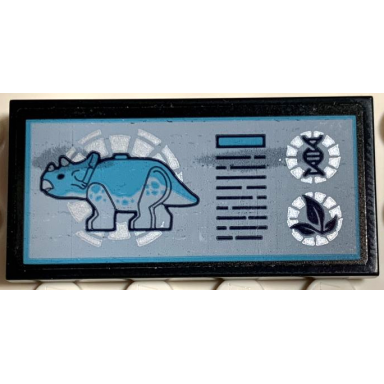 black tile 2 x 4 with triceratops dinosaur leaves and dna double helix pattern sticker - set 75939
