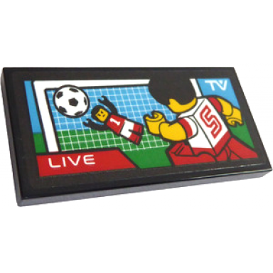 black tile 2 x 4 with tv screen with live soccer football match with player with number 5 and goalie pattern sticker - set 60257