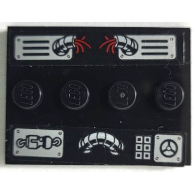 black tile modified 3 x 4 with 4 studs in center with control panel with broken red wires silver buttons dial hoses air vents and screws pattern stickers - set 75939