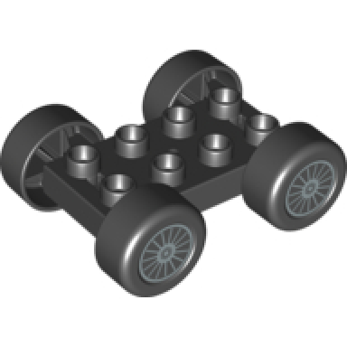 black duplo car base 2 x 4 with black tires and silver spokes wheels pattern 88760 88762c01pb14