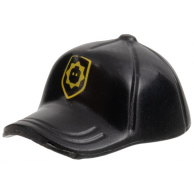 black minifigure headgear cap - short curved bill with seams and button on top with yellow badge with minifigure head silhouette pattern