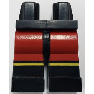 black hips and legs with red leggings and yellow stripes pattern