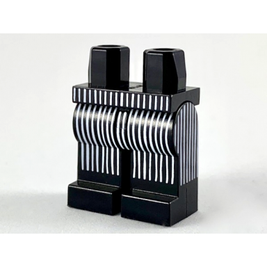 black hips and legs with 18 narrow white vertical stripes on front and 9 on each side pattern
