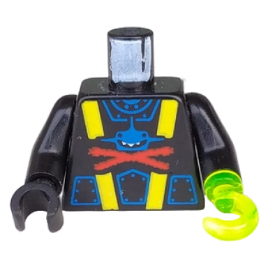 black torso aquazone aquashark blue shark with red x pattern black arms black hand right trans-neon green hook left