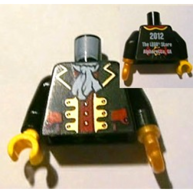 black torso pirate captain jacket open with gold trim and red pockets over red shirt white ascot 2012 the lego store alpharetta ga back pattern black arms pearl gold hook left yellow hand right