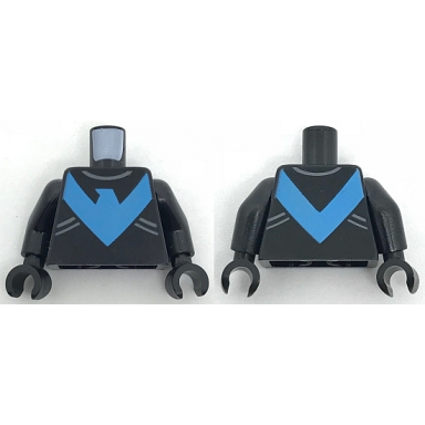 black torso batman nightwing blue v logo and gray trim pattern black arms black hands