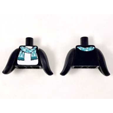 black torso with white stomach dark turquoise scarf with snowflakes and fish pattern black flippers