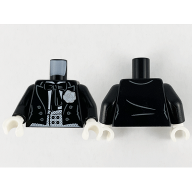 black torso tuxedo jacket white shirt flower black tie and spotted vest pattern black arms white hands