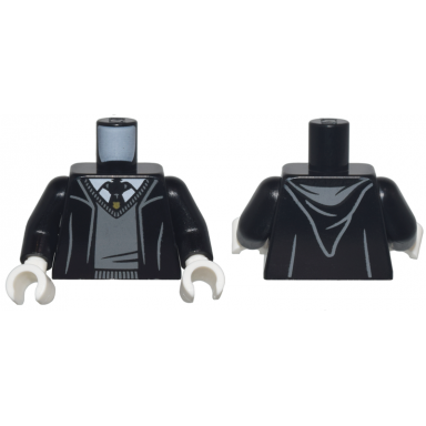 black torso robe with hood dark bluish gray sweater white shirt and hogwarts crest tie pattern black arms white hands