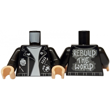black torso leather jacket over white t-shirt skull minifigure head badges rebuild the world on back pattern black arms light nougat hands