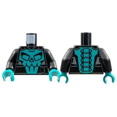 black torso motorcycle jacket dark turquoise skull on front spine on back pattern black arms dark turquoise hands