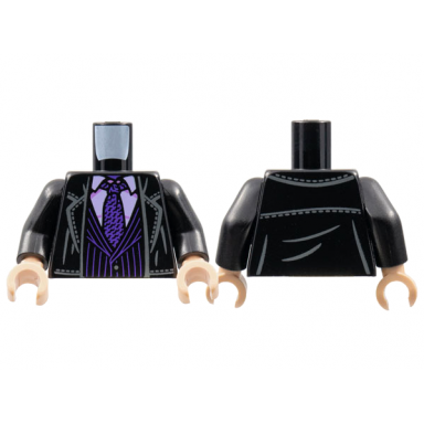 black torso suit jacket pale pink shirt dark purple tie vest with pinstripes pattern black arms light nougat hands