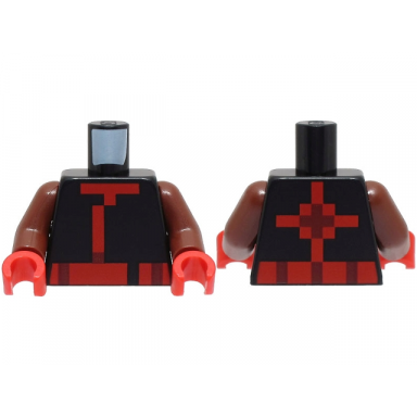 black torso pixelated ninja tunic with red and dark red hems and sash cross on back pattern reddish brown arms red hands