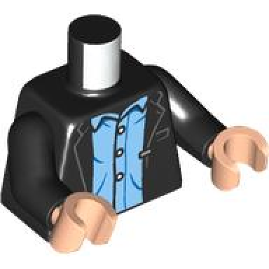 black torso open suit jacket over bright light blue shirt with white buttons pattern black arms light nougat hands