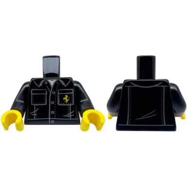 black torso shirt with dark bluish gray buttons and pockets outline white undershirt and yellow horse ferrari logo pattern black arms yellow hands