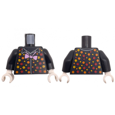 black torso shirt with bright pink bow tie and red orange and bright light orange polka dots pattern bam black arms white hands
