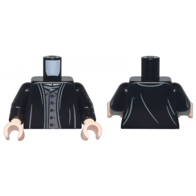 black torso robe over dark silver vest with 5 buttons and dark bluish gray shirt pattern black arms with buttons pattern light nougat hands
