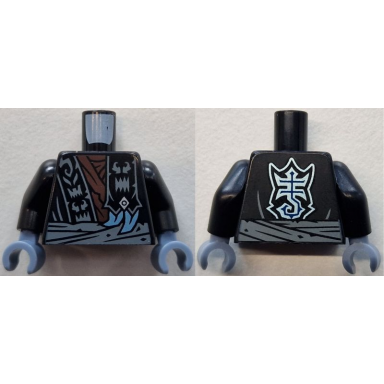 black torso robe with monster faces on hem over dark brown tattered layered shirt shoulder wrap with silver diamond and metallic light blue claws dark bluish gray waist sash stylized scorpion logo on back pattern black arms sand blue hands