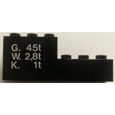 black stickered assembly 6 x 2 x 2 with g 45t w 28t k 1t on transparent background pattern left sticker - set 7715 - 1 brick 2 x 3 1 brick 1 x 6