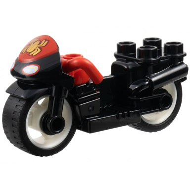 black duplo motorcycle with rubber wheels and red handlebars with headlights and gold spider-man logo on red windshield pattern