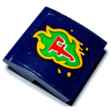 dark blue slope curved 2 x 2 x 2 3 with red and white capital letter f on bright green and bright light orange flames pattern sticker - set 70429