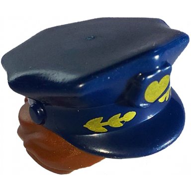 dark blue minifigure hair combo hat with hair police with dark blue top with captain gold heart decoration and reddish brown hair pulled into bun pattern