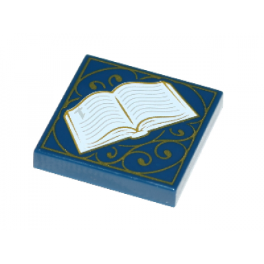 dark blue tile 2 x 2 with book open and gold scrollwork pattern