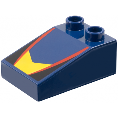 dark blue duplo brick 3 x 2 slope 33 with yellow v-shaped center panel red stripes black triangles pattern