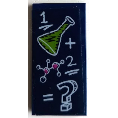 dark blue tile 2 x 4 with white dark pink and lime 1 erlenmeyer flask plus 2 molecules equals question mark on blackboard pattern sticker - set 41402