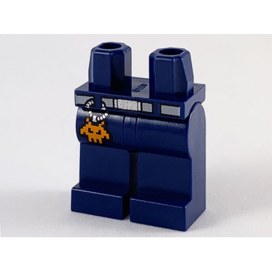 dark blue hips and legs with light bluish gray belt silver buckle and orange pixelated alien head key chain pattern