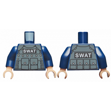 dark blue torso batman body armor with swat pattern dark blue arms light nougat hands