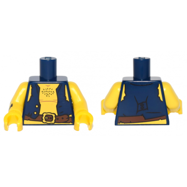 dark blue torso pirate vest open with gold buttons dark brown belt with buckle chest hair yellow shoulders and stomach pattern yellow arm left yellow arm right with black anchor tattoo pattern yellow hands