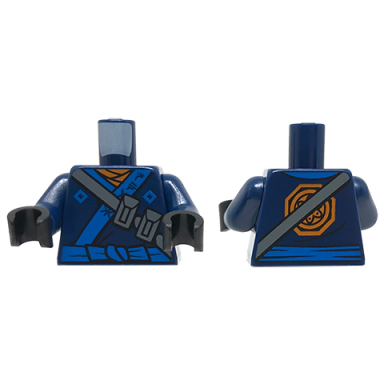dark blue torso ninjago robe with ninjago logogram spark orange scarf blue sash and orange emblem pattern dark blue arms black hands