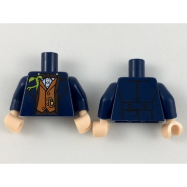 dark blue torso jacket with dark brown trim and bow tie dark orange vest bright green bowtruckle pattern dark blue arms light nougat hands