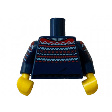 dark blue torso knit fair isle sweater with medium blue and red lines pattern dark blue arms with medium blue and red lines pattern yellow hands