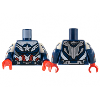 dark blue torso armor silver star white midriff red stripes pattern dark blue arms with white short sleeve silver star and cuff pattern red hands