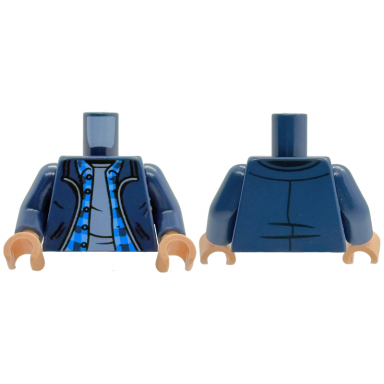 dark blue torso jacket open with pockets over blue plaid shirt with buttons and collar and sand blue undershirt pattern dark blue arms light nougat hands