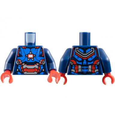 dark blue torso armor with blue plates white arc reactor silver and red star and trim pattern dark blue arms red hands