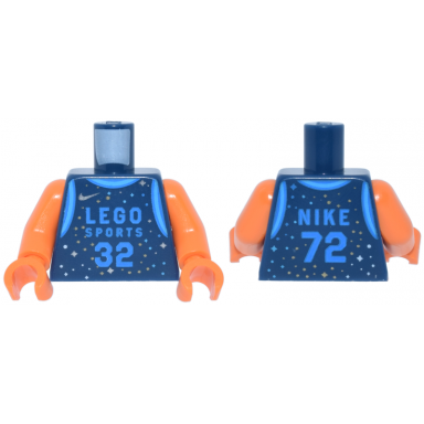 dark blue torso basketball uniform with dark azure lego sports 32 and nike 72 and silver and gold sparkles and swoosh logo pattern orange arms orange hands