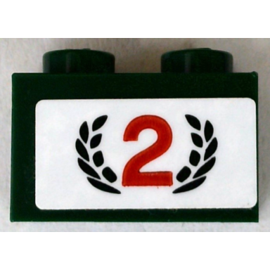 dark green brick 1 x 2 with red number 2 and dark green laurel wreath pattern sticker - set 75881