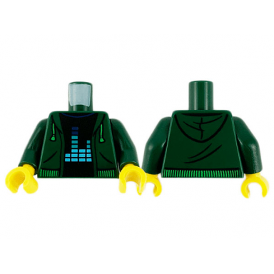 dark green torso hoodie with bright green drawstrings and waistband over black shirt with equalizer bars pattern dark green arms yellow hands