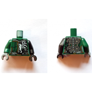 dark green torso half armor venom with dark bluish gray and green panels gold accents silver circles on back and black smudge pattern black arm left dark green arm right black hand left dark bluish gray hand right
