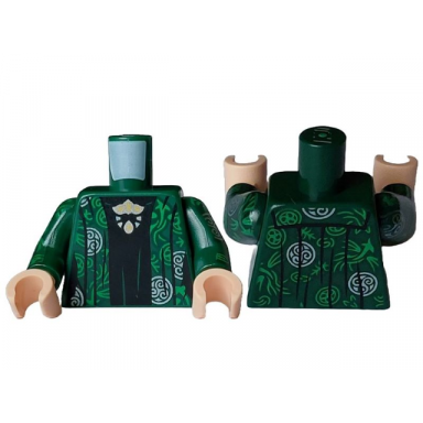 dark green torso robe with silver and bright green circles and filigree over black dress with silver gold metallic light blue and yellow brooch pattern dark green arms with silver and bright green circles and filigree pattern light nougat hands