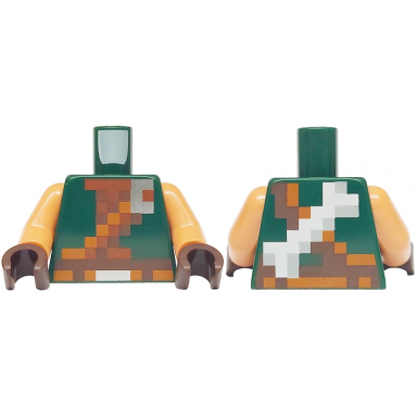 dark green torso pixelated dark brown reddish brown and dark orange strap and belt with silver buckle white and light bluish gray bone on back pattern nougat arms dark brown hands
