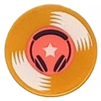 pearl gold tile round 2 x 2 with bottom stud holder with vinyl record with dark blue headphones white star and coral centre pattern sticker - set 41411