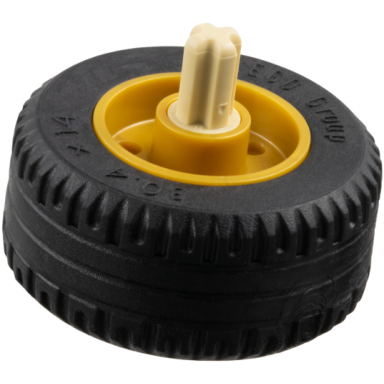 pearl gold wheel 18mm d x 14mm with pin hole fake bolts and shallow spokes with black tire 30.4 x 14 solid with tan technic axle 1l with pin without friction ridges 55981 58090 3749