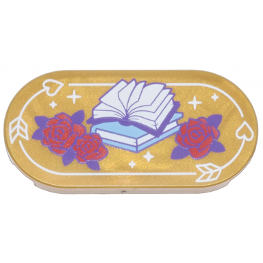 pearl gold tile round 2 x 4 oval with red roses with dark purple leaves medium blue and dark purple books with white pages arrows with hearts pattern