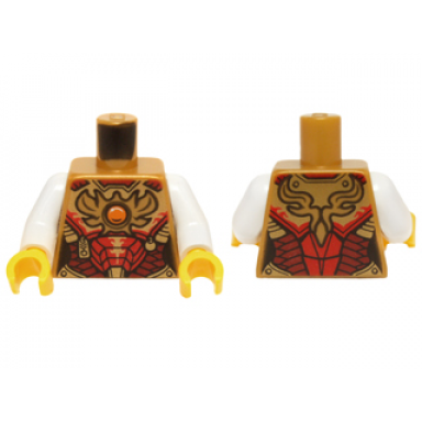 pearl gold torso female outline with red and gold armor with pendants scales belt and orange round jewel fire chi emblem pattern white arms yellow hands